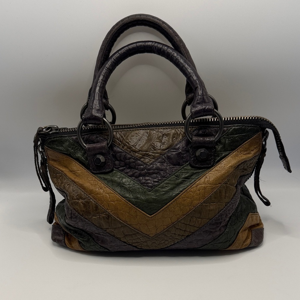 Linea Pelle Leather Chevron Patchwork Satchel Zip… - image 1